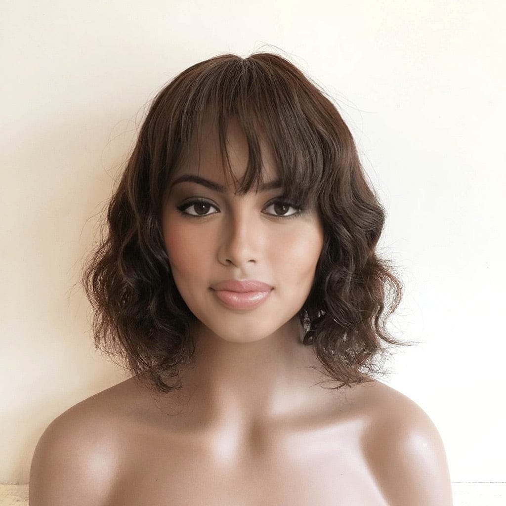nevermindyrhead Dark Brown Human Hair Wig For Women Fringe Bangs Short Bob Curly Hair Brown