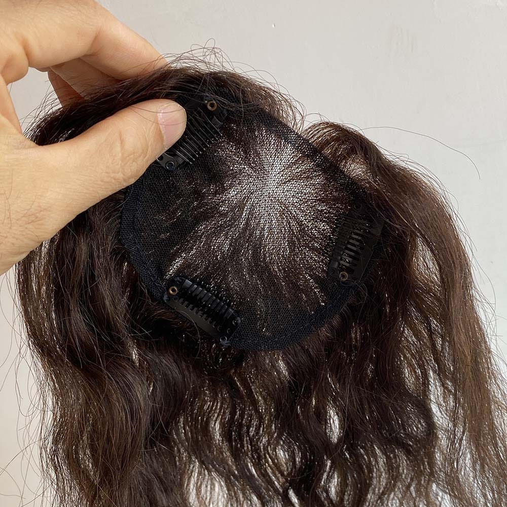 nevermindyrhead Dark Brown Women Human Curly Real Hair Topper Middle Part Clip-In Wiglet Mesh Base