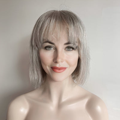 Gray Silver Human Hair Wig For Women Salt And Pepper Lace Front Short Bob Bangs