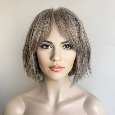 Grey Human Hair Wigs For Women Lace Front With Bang Short Bob Wavy Salt And Pepper