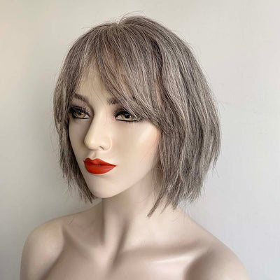 Grey Human Hair Wigs For Women Lace Front With Bang Short Bob Wavy Salt And Pepper