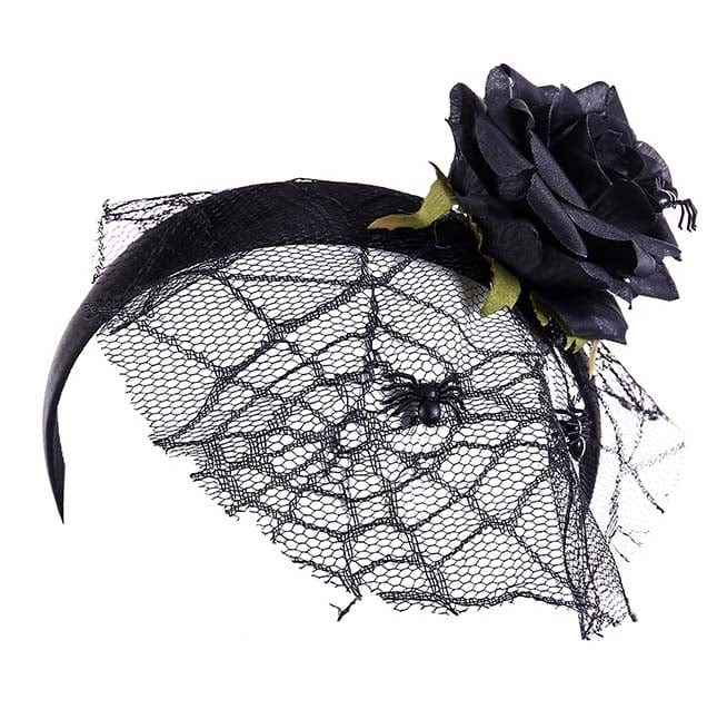 nevermindyrhead Halloween Headband for Women Black Rose Spider Net Lace Hair Accessories