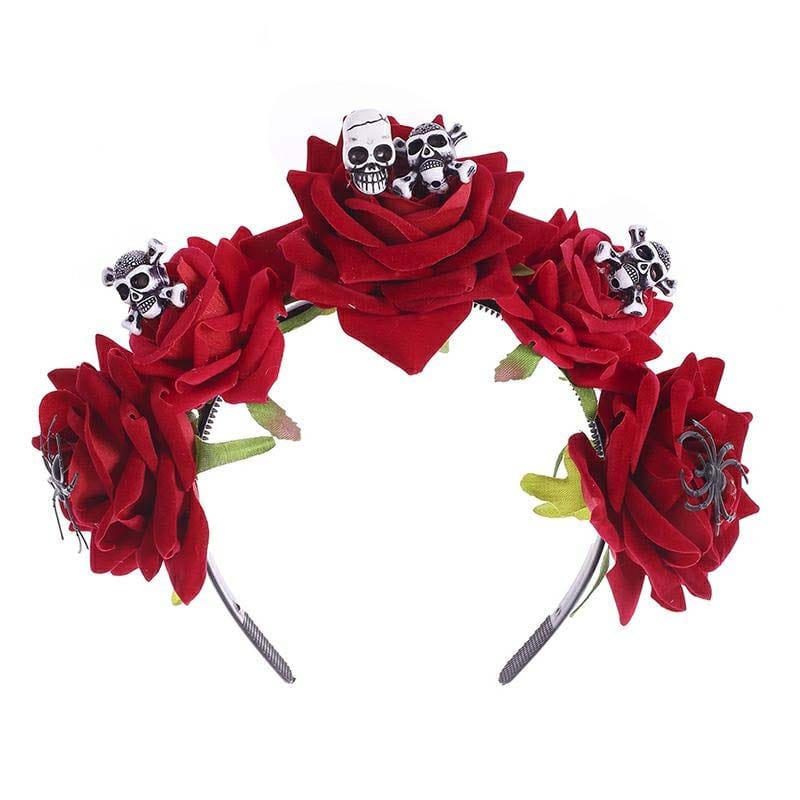 nevermindyrhead Halloween Skull Headband Day of the Dead Costume Flower Crown Floral Spider Headpiece for Women and Girls Red