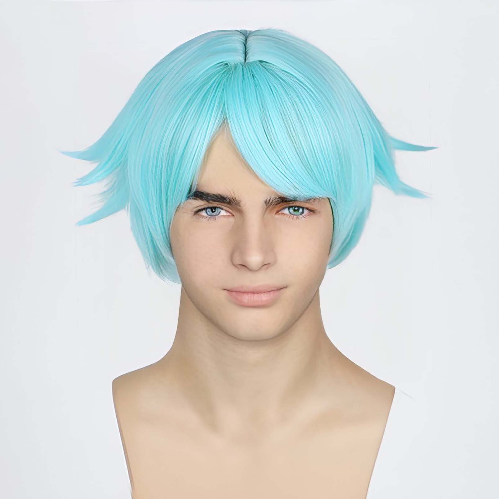 nevermindyrhead Men Aqua Blue Short Straight Fringe Bangs Anime Cosplay Wig With Top Parting