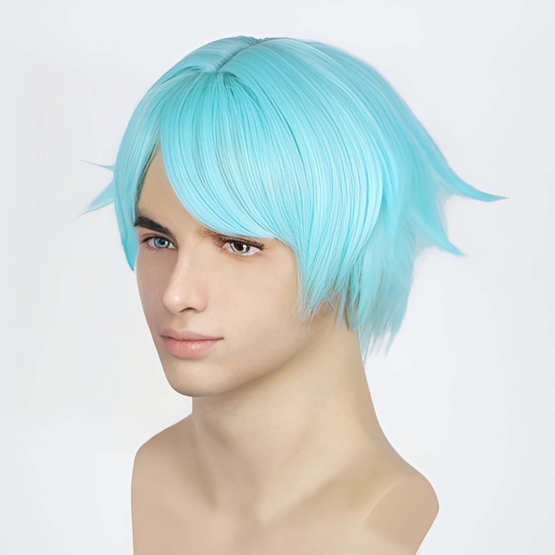 nevermindyrhead Men Aqua Blue Short Straight Fringe Bangs Anime Cosplay Wig With Top Parting