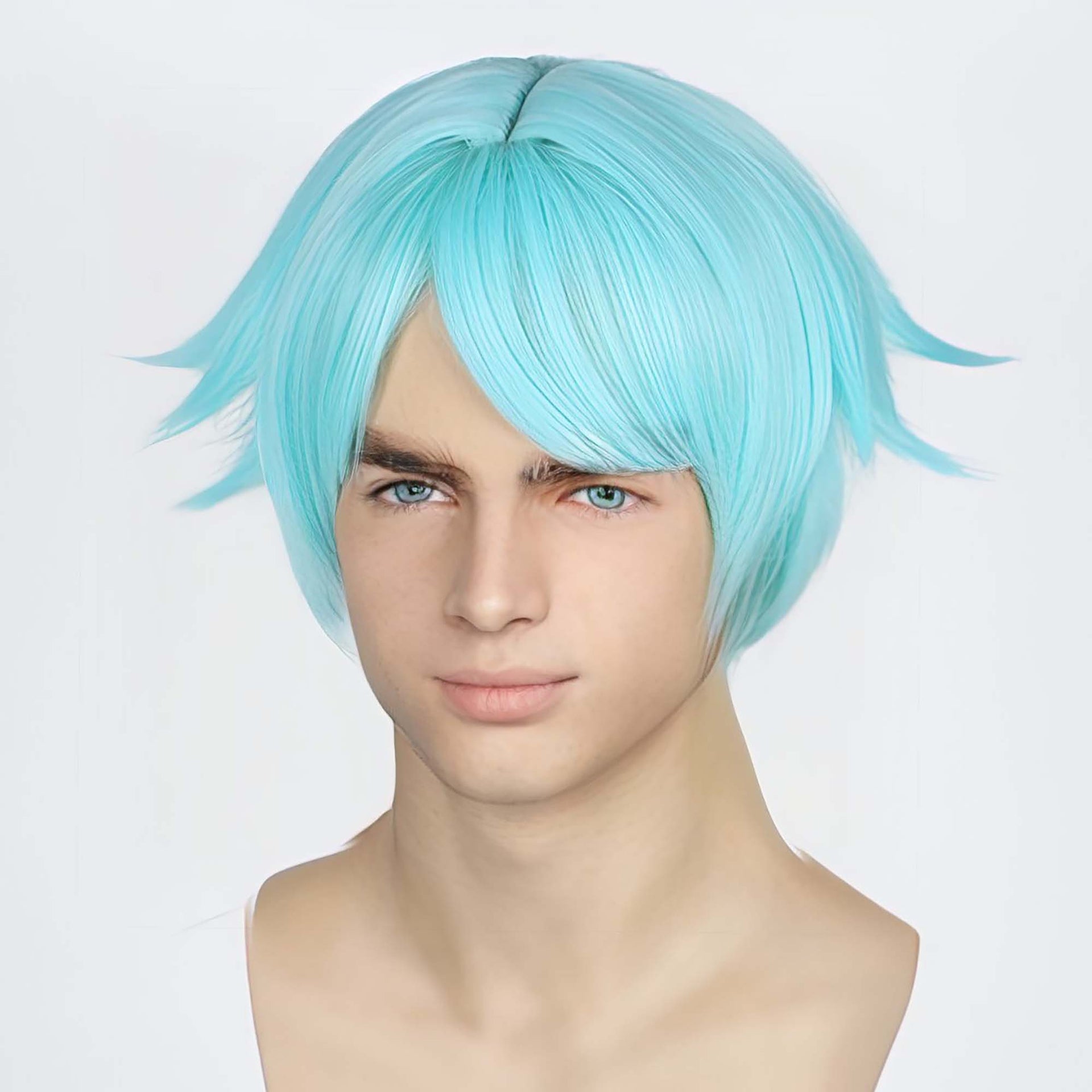 nevermindyrhead Men Aqua Blue Short Straight Fringe Bangs Anime Cosplay Wig With Top Parting