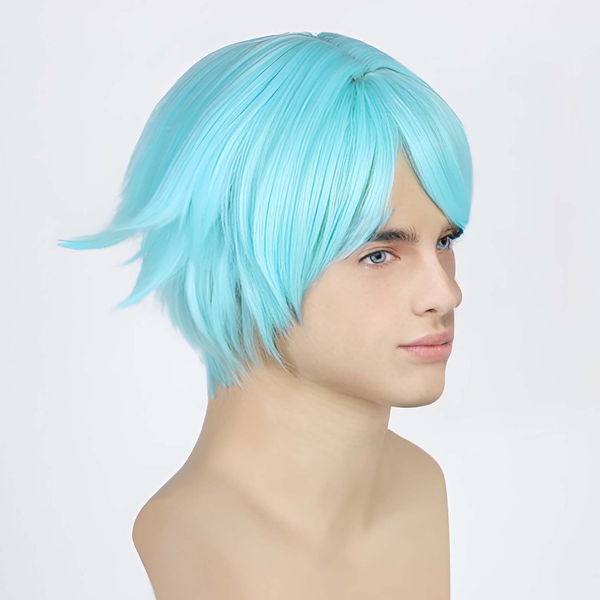 nevermindyrhead Men Aqua Blue Short Straight Fringe Bangs Anime Cosplay Wig With Top Parting