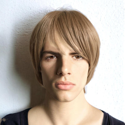 Men Ash Brown Mod Style Short Straight Hair Soft Long Bangs Wig