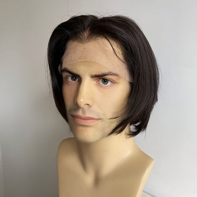 Men Black Human Hair Wig Widows Peak 13X6 Lace Front Short Straight For Cosplay Costume
