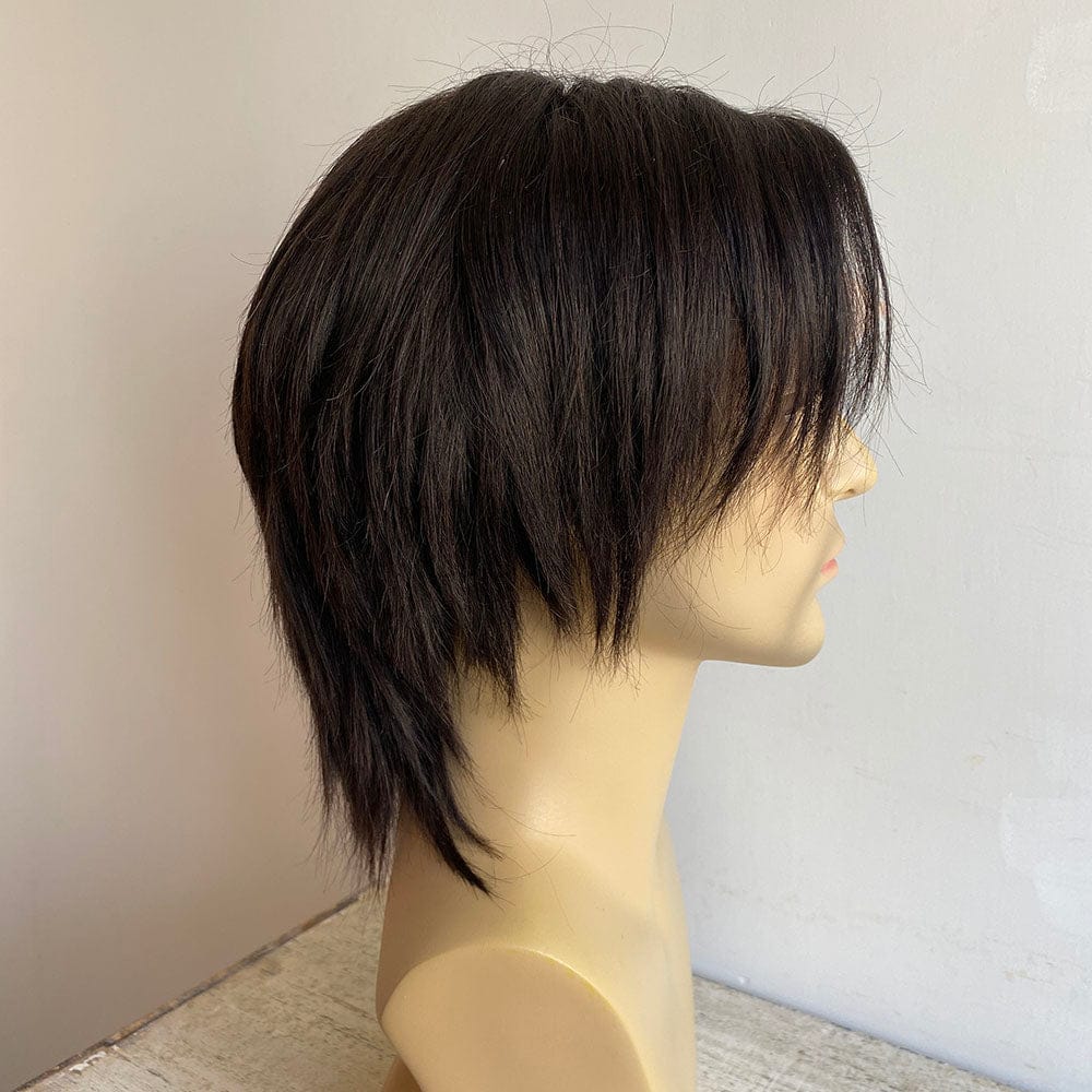 nevermindyrhead Men Black Human Hair Wig Wolf Cut Mullet Curtain Bangs Short Straight Lace Front