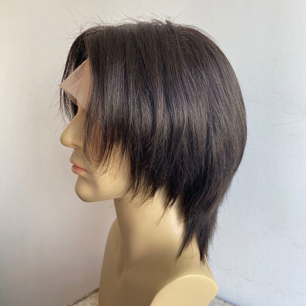 nevermindyrhead Men Black Human Hair Wig Wolf Cut Mullet Curtain Bangs Short Straight Lace Front