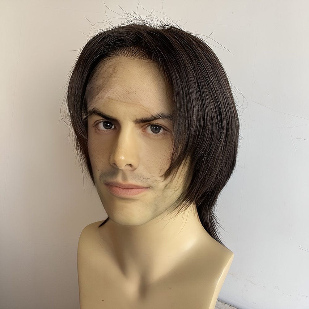 nevermindyrhead Men Black Human Hair Wig Wolf Cut Mullet Curtain Bangs Short Straight Lace Front