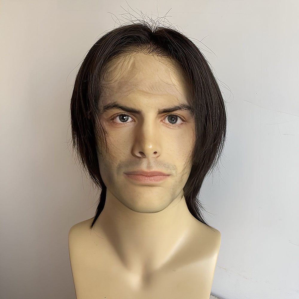 nevermindyrhead Men Black Human Hair Wig Wolf Cut Mullet Curtain Bangs Short Straight Lace Front Black