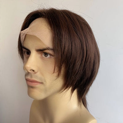 Men Black Human Hair Wig Wolf Cut Mullet Curtain Bangs Short Straight Lace Front