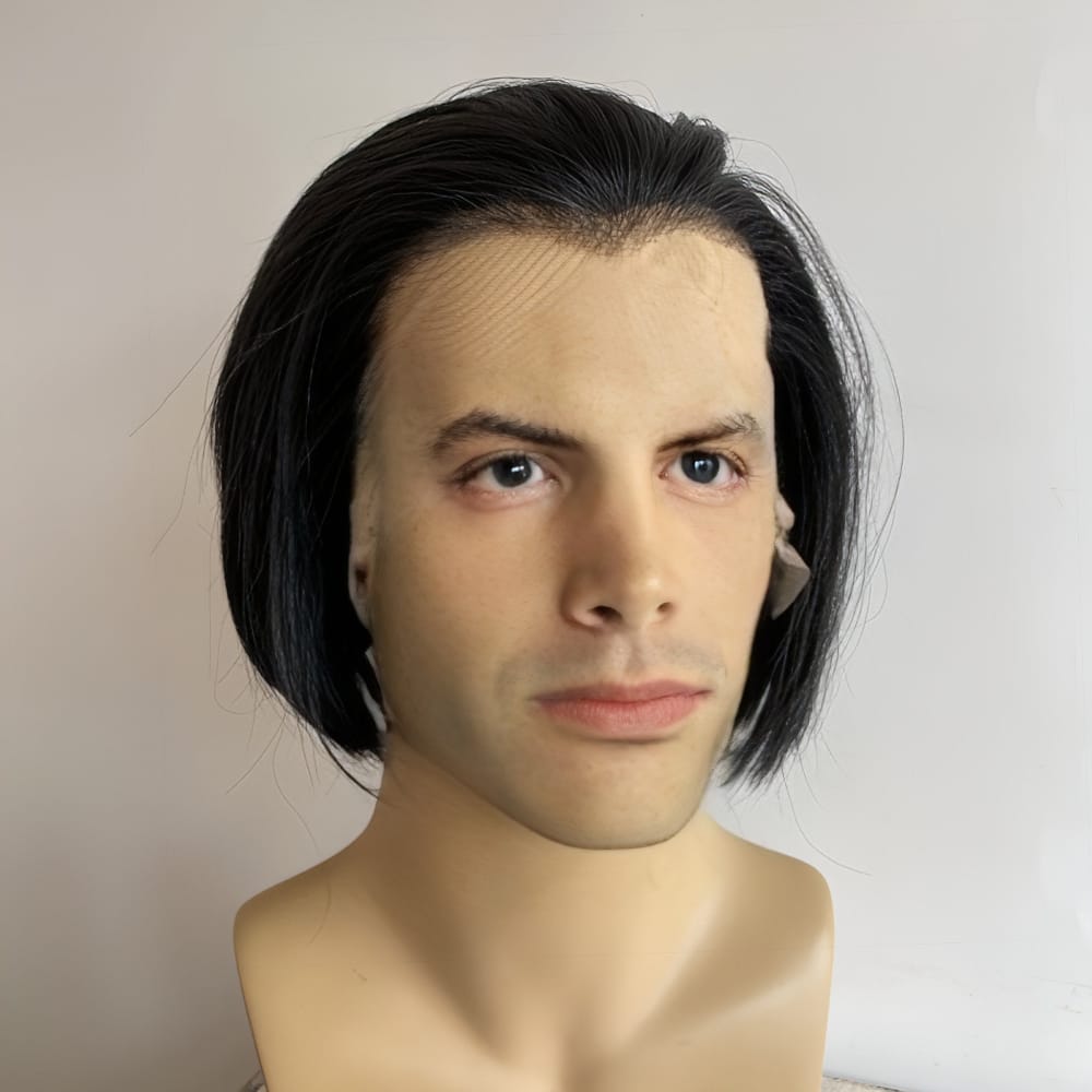 nevermindyrhead Men Black Lace Front Wig Widows Peak Hairline Short Straight Bob Style Cosplay