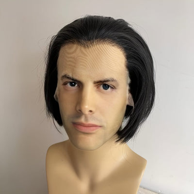 Men Black Lace Front Wig Widows Peak Hairline Short Straight Bob Style Cosplay