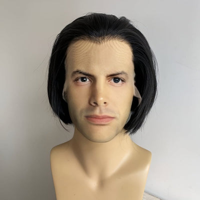 Men Black Lace Front Wig Widows Peak Hairline Short Straight Bob Style Cosplay