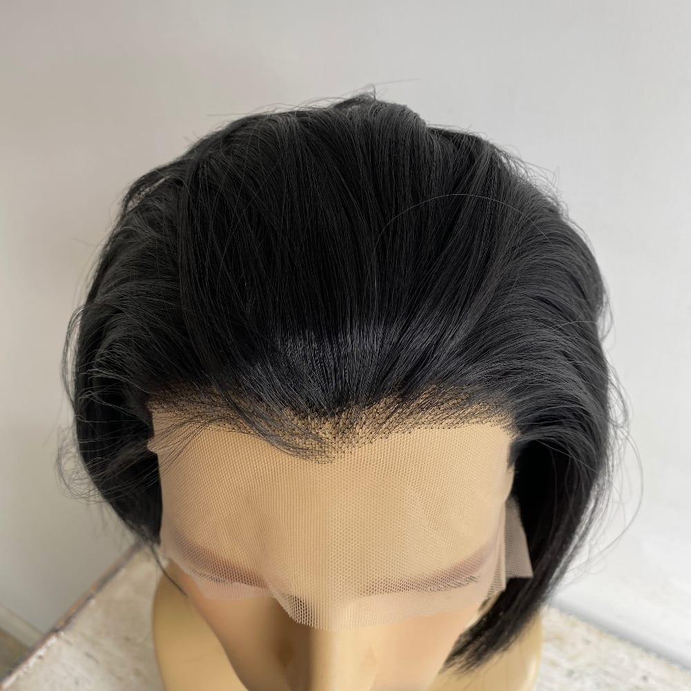nevermindyrhead Men Black Lace Front Wig Widows Peak Hairline Short Straight Bob Style Cosplay