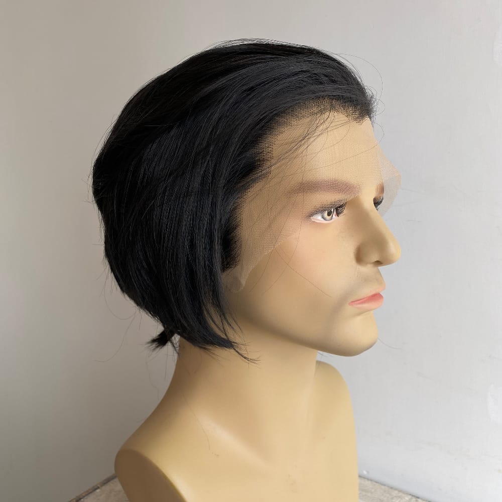 nevermindyrhead Men Black Lace Front Wig Widows Peak Hairline Short Straight Bob Style Cosplay
