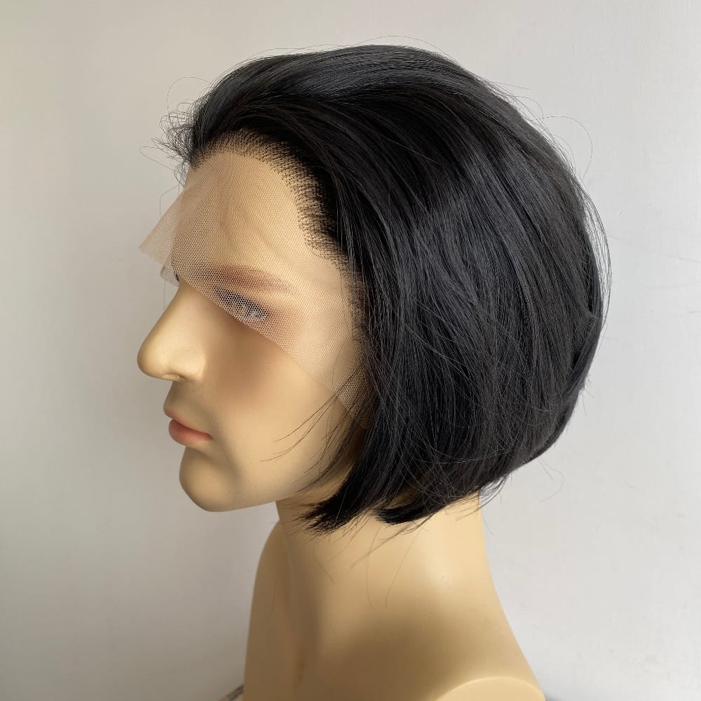 nevermindyrhead Men Black Lace Front Wig Widows Peak Hairline Short Straight Bob Style Cosplay