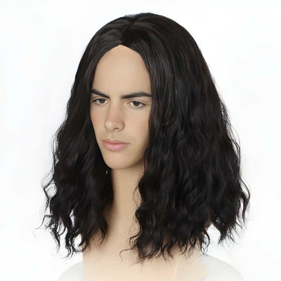 Men Black Long Curly Goth Wig Middle Part Thick For Cosplay Costume