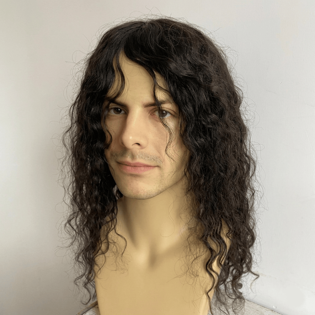 nevermindyrhead Men Black Long Curly Human Hair Wig 80s Legend Pop Icon Inspired Tribute Cosplay