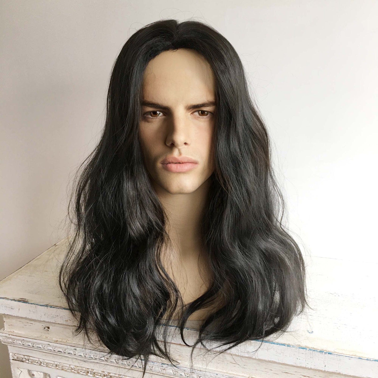 nevermindyrhead Men Black Long Wavy Middle Part Thick Volume Cosplay Costume Wig