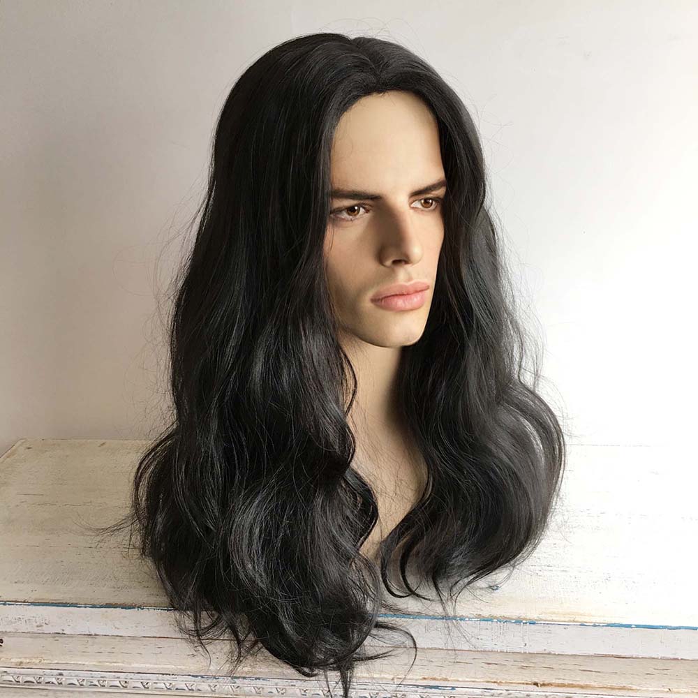 nevermindyrhead Men Black Long Wavy Middle Part Thick Volume Cosplay Costume Wig