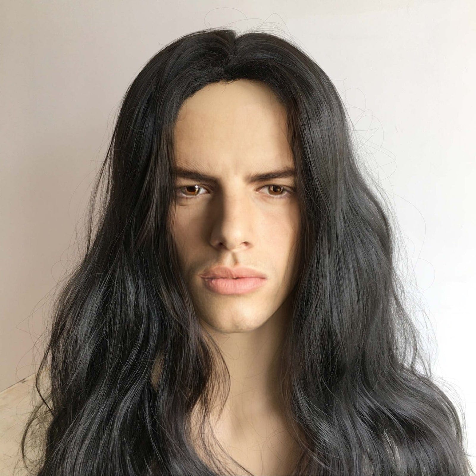 nevermindyrhead Men Black Long Wavy Middle Part Thick Volume Cosplay Costume Wig