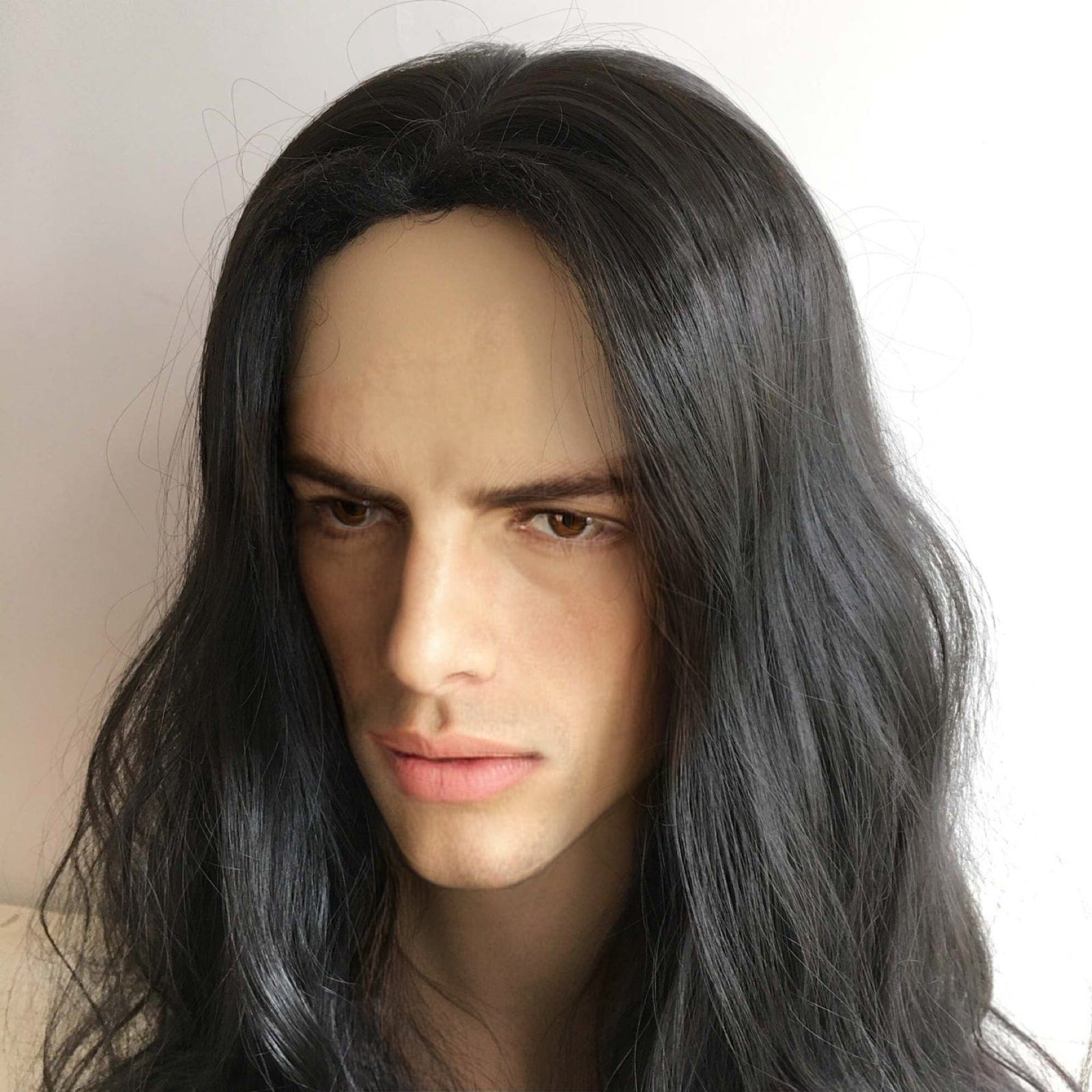 nevermindyrhead Men Black Long Wavy Middle Part Thick Volume Cosplay Costume Wig