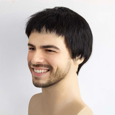 Men Black Real Human Hair Very Short Straight Fringe Bangs Wig