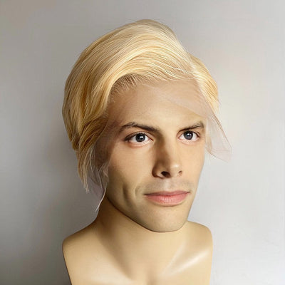Men Blonde Human Hair 13X6 Lace Front Wig Short Straight Side Part