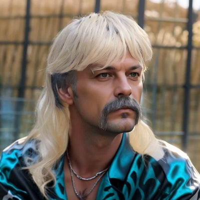 Men Blonde Retro Mullet Wig With Bangs Long Curly Dark Root Black Base For Cosplay