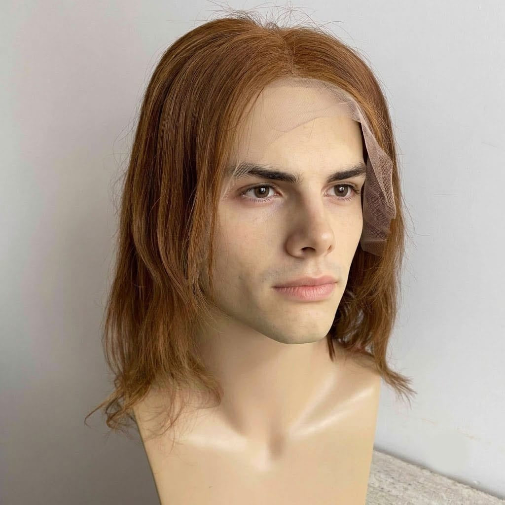 nevermindyrhead Men Brown Human Hair Wig Lace Front 60s Retro Hippie Style Middle Part Long Straight