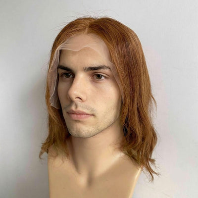 Men Brown Human Hair Wig Lace Front 60s Retro Hippie Style Middle Part Long Straight