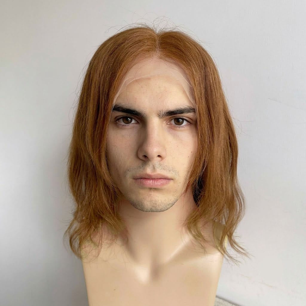 nevermindyrhead Men Brown Human Hair Wig Lace Front 60s Retro Hippie Style Middle Part Long Straight Brown