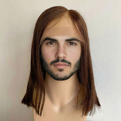 Men Dark Brown Human Hair Wig 13X6 Lace Front Long Straight Hair