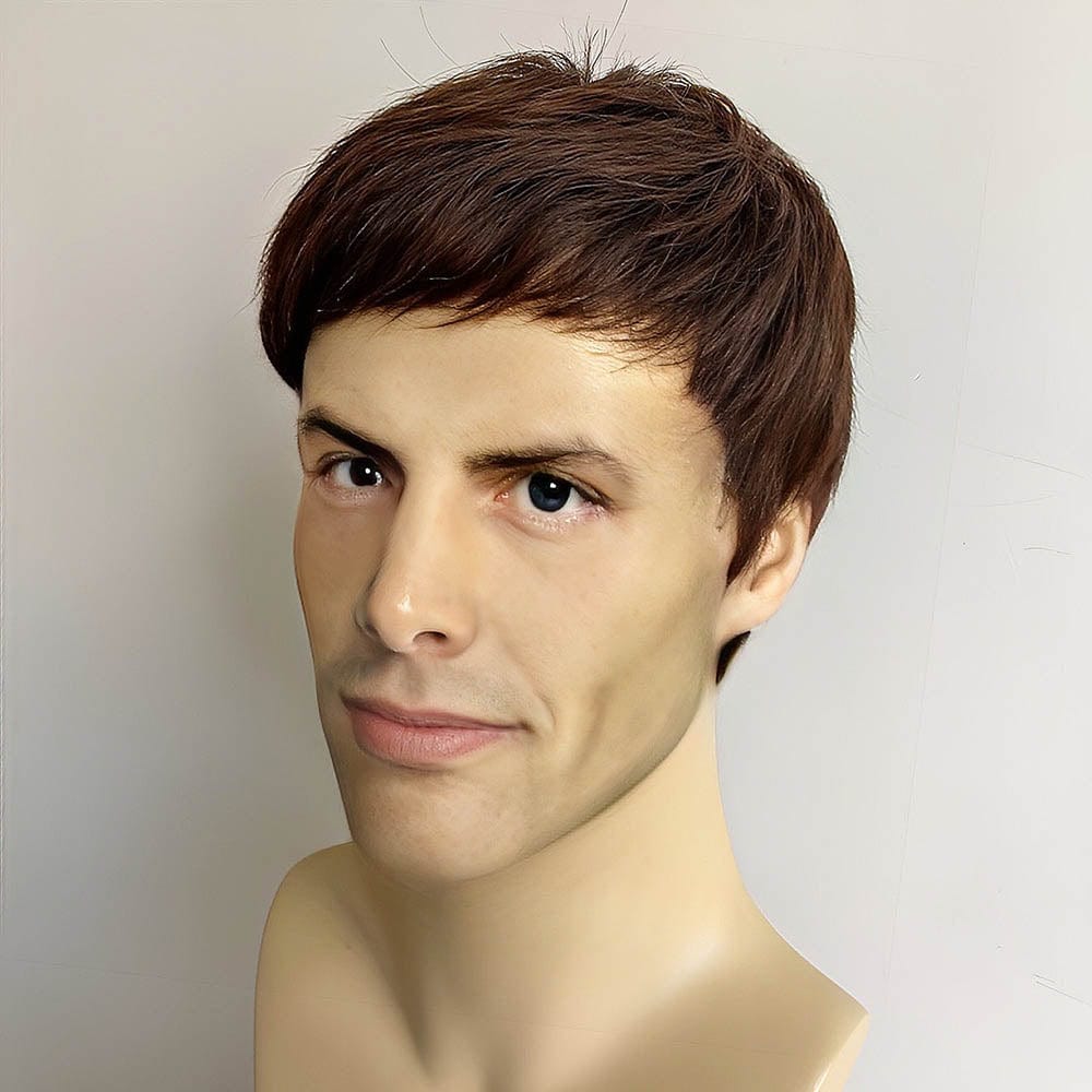 nevermindyrhead Men Dark Brown Human Hair Wig Flat Bangs Short Straight Gift For Husband Father