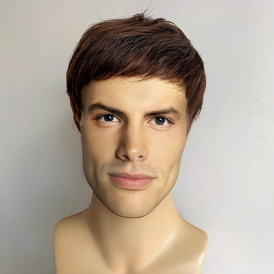Men Dark Brown Human Hair Wig Flat Bangs Short Straight Gift For Husband Father