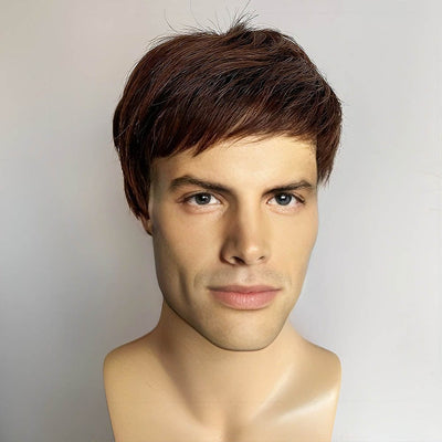 Men Dark Brown Human Hair Wig Flat Bangs Short Straight Gift For Husband Father