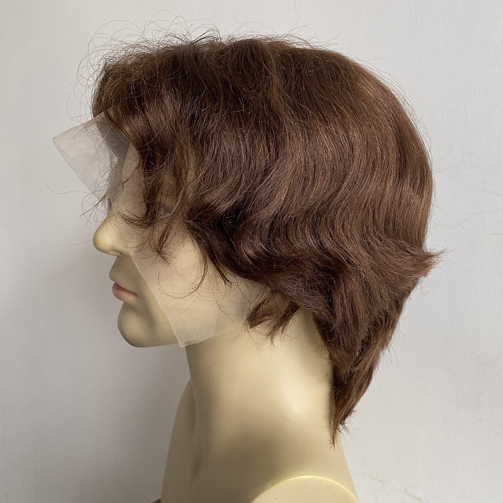 nevermindyrhead Men Dark Brown Human Hair Wig Lace Front 70s Retro British Rockstar Short Wavy