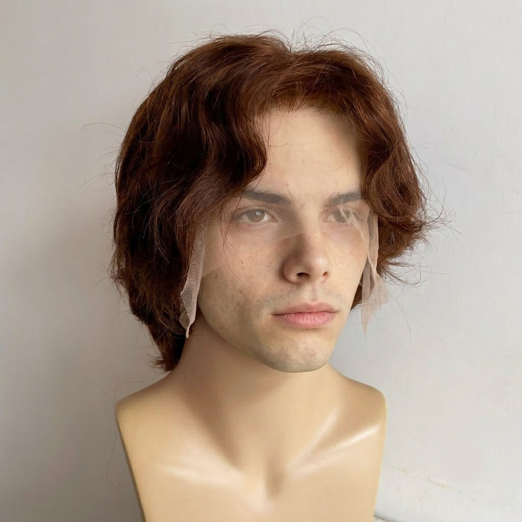 nevermindyrhead Men Dark Brown Human Hair Wig Lace Front 70s Retro British Rockstar Short Wavy