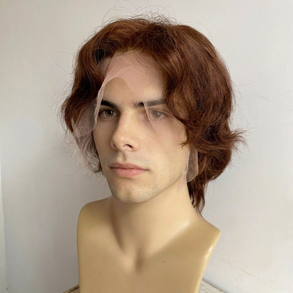 nevermindyrhead Men Dark Brown Human Hair Wig Lace Front 70s Retro British Rockstar Short Wavy