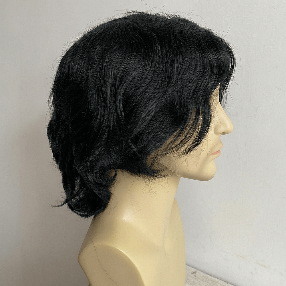 nevermindyrhead Men Dark Brown Human Hair Wig Lace Front 70s Retro British Rockstar Short Wavy Black