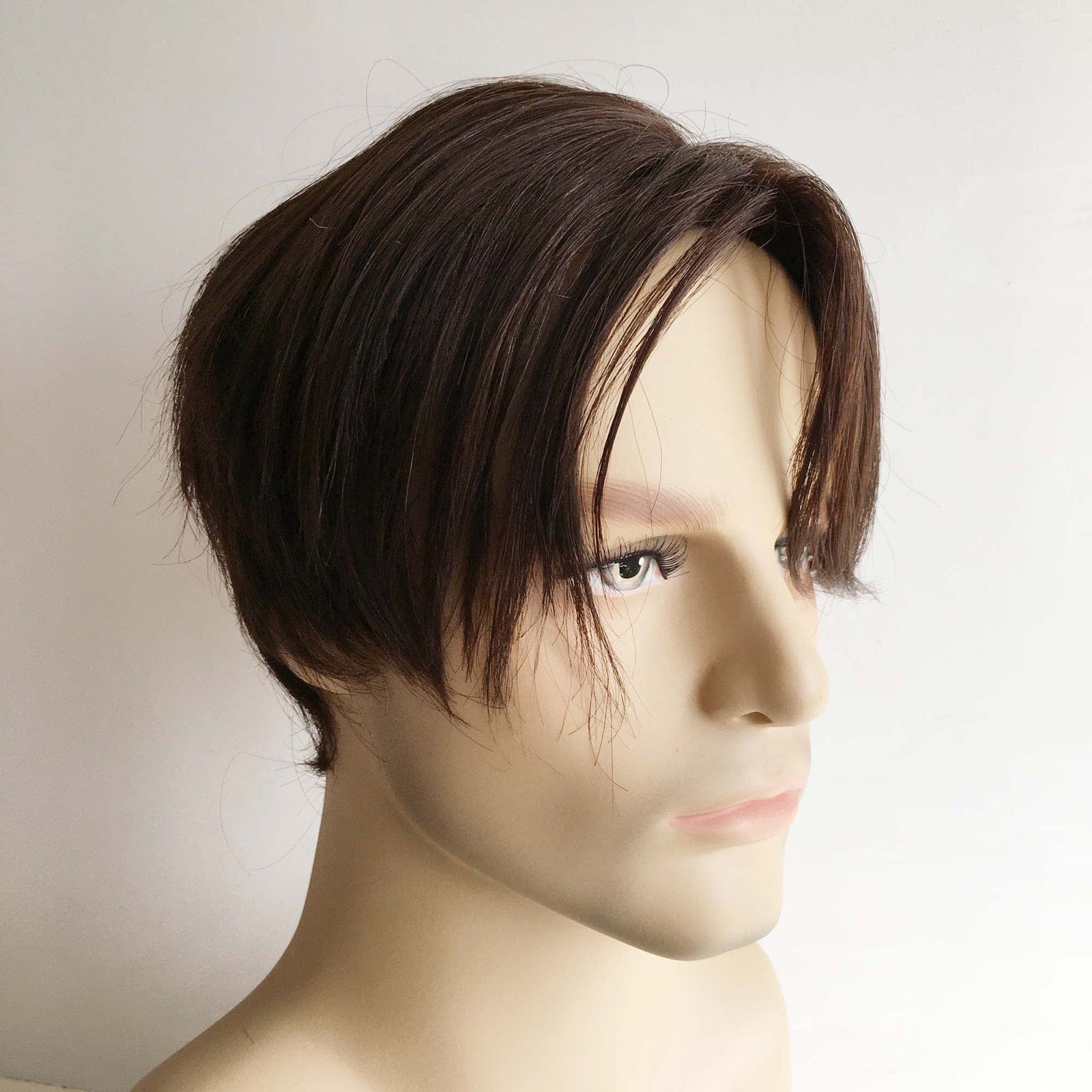 nevermindyrhead Men Dark Brown Real Human Hair Side Part Curtain Bangs Wig