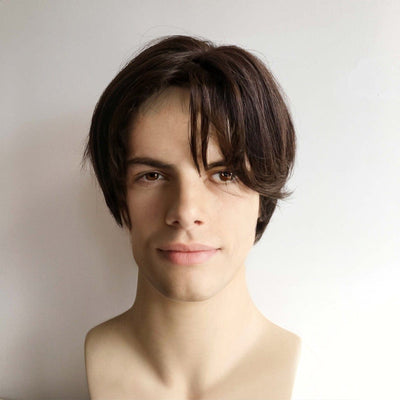 Men Dark Brown Real Human Hair Side Part Curtain Bangs Wig