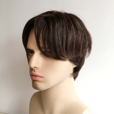 Men Dark Brown Real Human Hair Side Part Curtain Bangs Wig