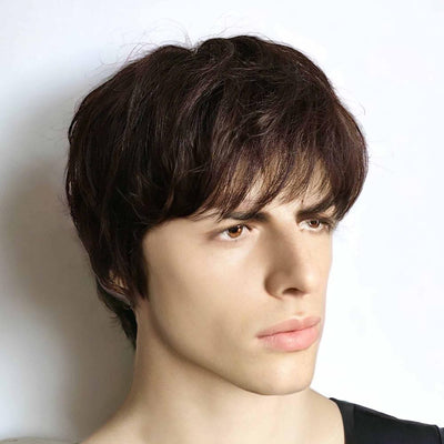 Men Dark Brown Textured Fringe Bangs Short Real Human Hair Wig