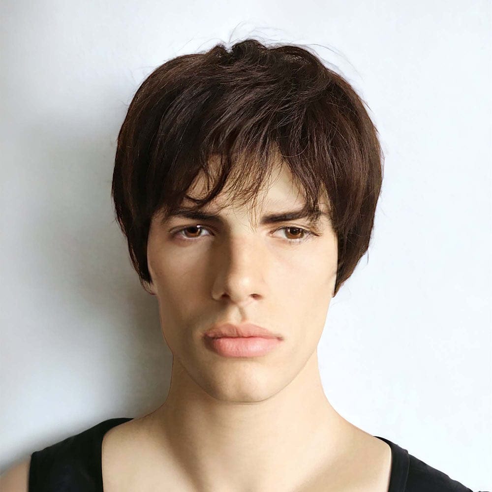 nevermindyrhead Men Dark Brown Textured Fringe Bangs Short Real Human Hair Wig