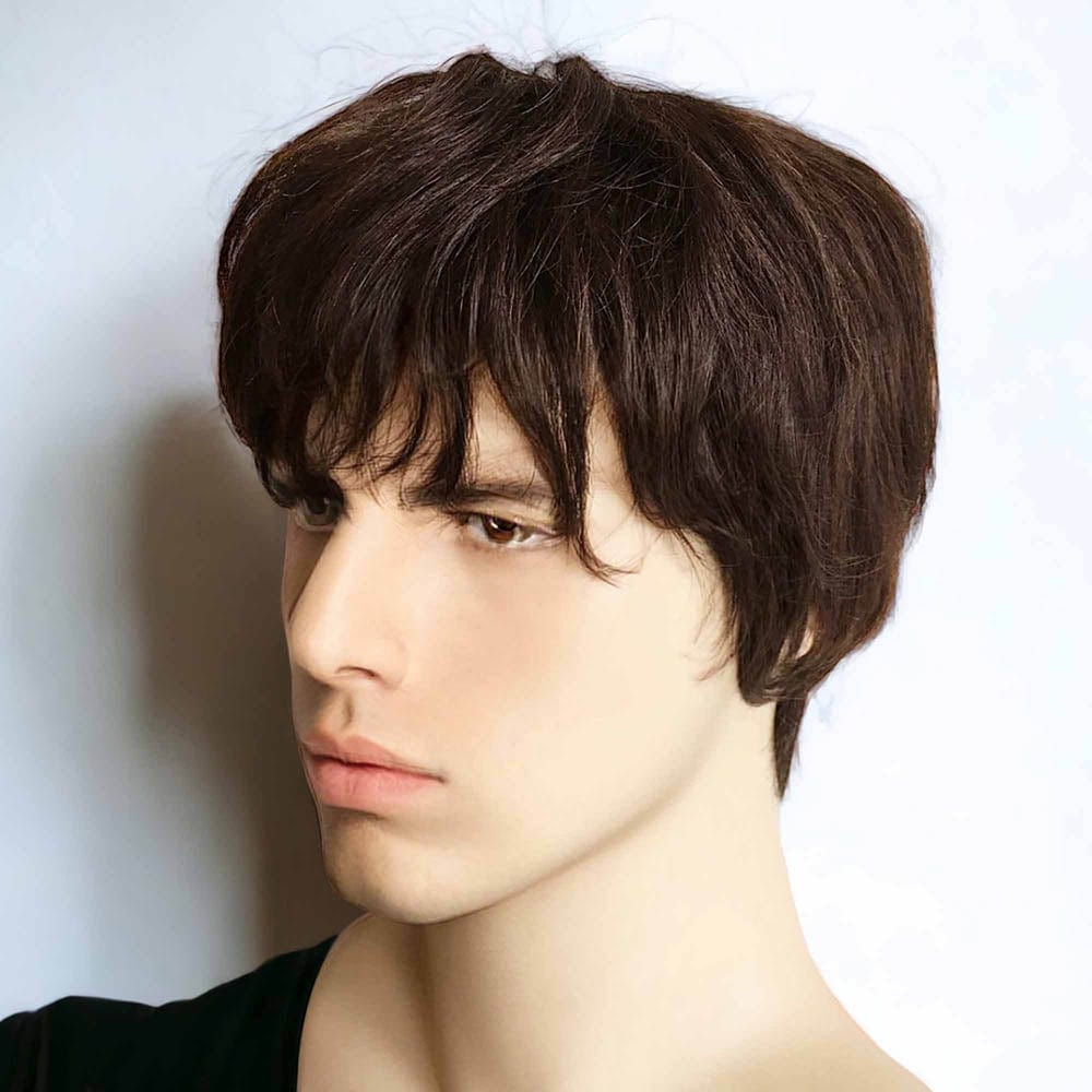 nevermindyrhead Men Dark Brown Textured Fringe Bangs Short Real Human Hair Wig